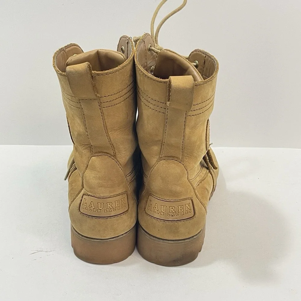 Polo Ralph Lauren Ranger Boots Size 8.5B Tan Leather Lace Up Buckle Combat Style